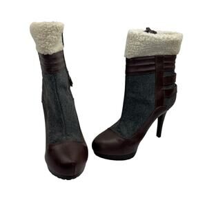 Elle Faux Shearling Ankle Boots, Women's Size 9, Brown & Gray Fur Cuff Booties